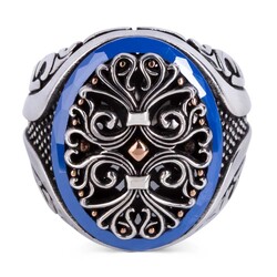 Mavi Taş Çevrili Simetrik Desen Gümüş Erkek Yüzük - Thumbnail
