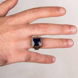 Mavi Zirkon Taşlı Kare Tasarım Erkek Gümüş Yüzüğü - 3