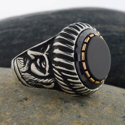 Mehmet the Conqueror Patterned Black Onyx Stone Silver Men's Ring - 5