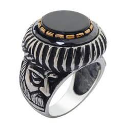 Mehmet the Conqueror Patterned Black Onyx Stone Silver Men's Ring - 1