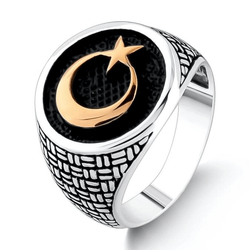 Men's 925 Sterling Silver Crescent and Star Ring - 1