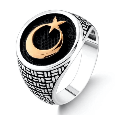 Men's 925 Sterling Silver Crescent and Star Ring - 1