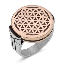 Mens Sterling Silver Round Design Flower of Life Ring - 1