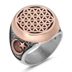 Moon Star and Flower of Life Motif Sterling Silver Mens Ring - 1