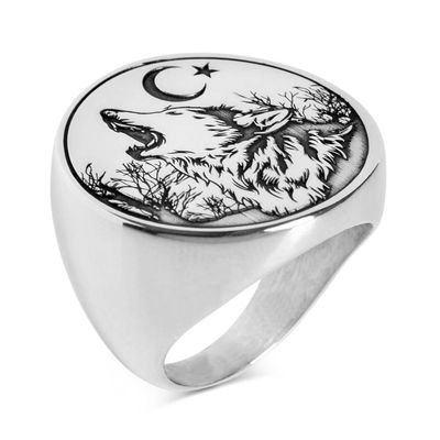 Moon Star and Wolf Silver Mens Ring - 2