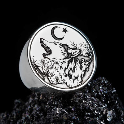 Moon Star and Wolf Silver Mens Ring - 1