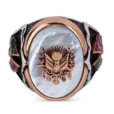 Mother of Pearl Stone Silver Ottoman Ring with Flags - 2