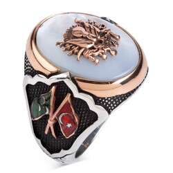 Mother of Pearl Stone Silver Ottoman Ring with Flags - 4