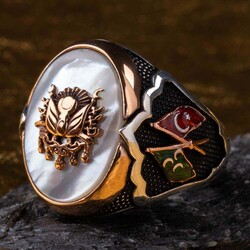Mother of Pearl Stone Silver Ottoman Ring with Flags - 1