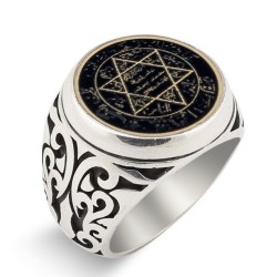 Mührü Süleyman Desenli Siyah Mineli Yüzük - Anı Yüzük