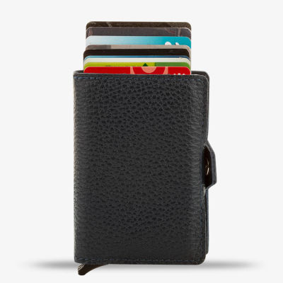 Navy Blue Personalized Leather Card Holder with Double Auto Mechanism - 1