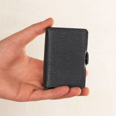 Navy Blue Personalized Leather Card Holder with Double Auto Mechanism - 5