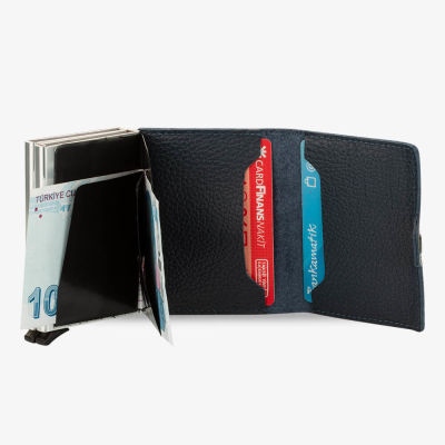 Navy Blue Personalized Leather Card Holder with Double Auto Mechanism - 3