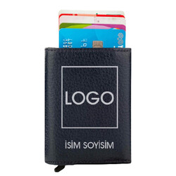 Navy Blue Personalized Leather Card Holder with Mechanism 