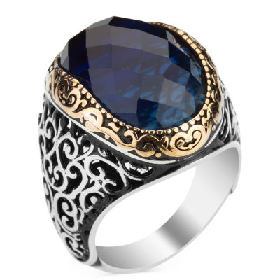Ornamented Silver Mens Ring with Blue Zircon Stonework - 2