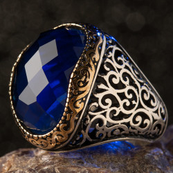 Ornamented Silver Mens Ring with Blue Zircon Stonework 