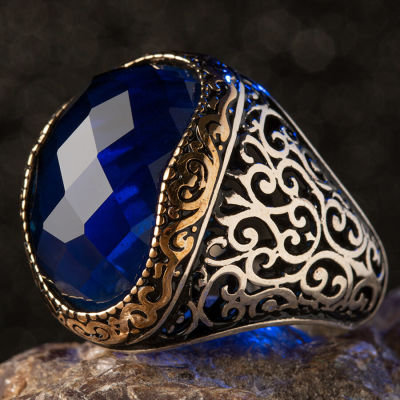Ornamented Silver Mens Ring with Blue Zircon Stonework - 1