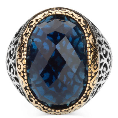 Ornamented Silver Mens Ring with Blue Zircon Stonework - 3