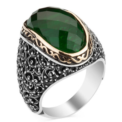 Ornamented Silver Mens Ring with Green Zircon Stonework - 2