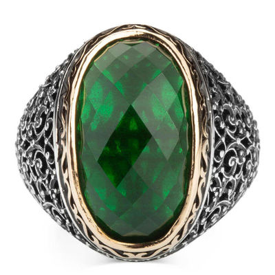 Ornamented Silver Mens Ring with Green Zircon Stonework - 3