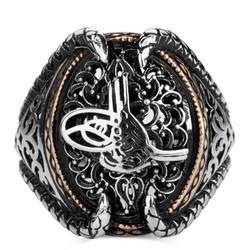 Osmanlı Tuğralı Pençeli Taşsız Gümüş Erkek Yüzüğü - 2