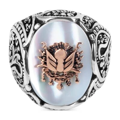 Ottoman Coat of Arms Mother of White Pearl Stone Silver Ring - 2