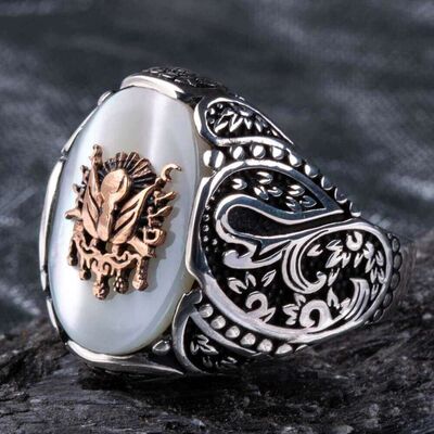Ottoman Coat of Arms Mother of White Pearl Stone Silver Ring - 5