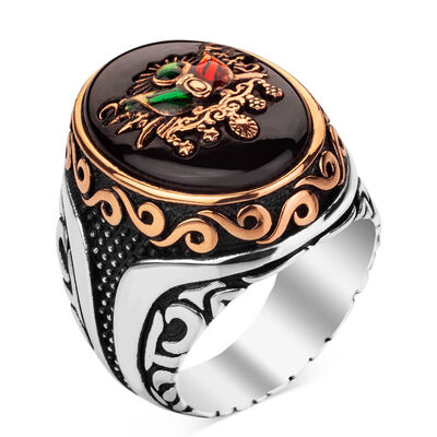 Ottoman Coat of Arms Silver Ring on Black Onyx Stone - 1