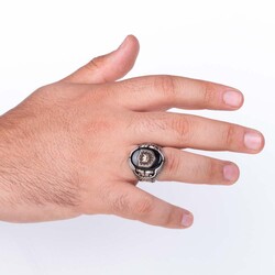 Ottoman Emblem on Black Onyx Stone Ring with Double-Headed Eagle Pattern - 4