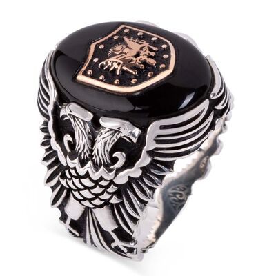 Ottoman Emblem on Black Onyx Stone Ring with Double-Headed Eagle Pattern - 1