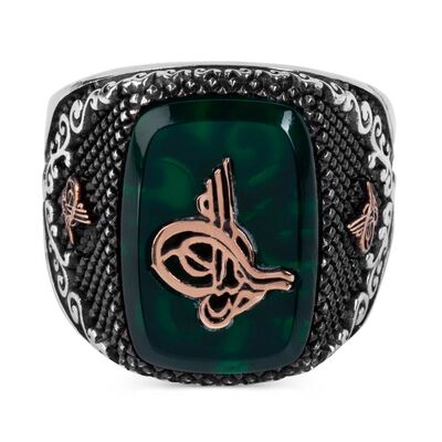 Ottoman Tughra Green Agate Stone Silver Mens Ring - 2