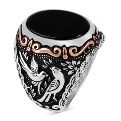Oval Men's Black Onyx Stone Silver Ring with Bird Pattern - 1