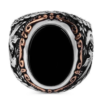 Oval Men's Black Onyx Stone Silver Ring with Bird Pattern - 2