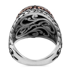 Oval Men's Black Onyx Stone Silver Ring with Bird Pattern - 3