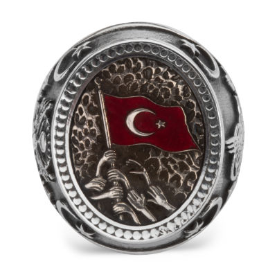 Oval Silver Mens Ring with Turkish National Motived One of Us Dies a Thousand Rises - 3