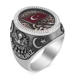 Oval Silver Mens Ring with Turkish National Motived One of Us Dies a Thousand Rises - 1