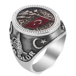 Oval Silver Mens Ring with Turkish National Motived One of Us Dies a Thousand Rises - 2