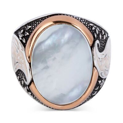 Oval White Mother of Pearl Stone Symmetrically Designed Silver Ring - 2