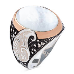 Oval White Mother of Pearl Stone Symmetrically Designed Silver Ring - 1
