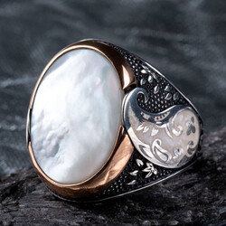 Oval White Mother of Pearl Stone Symmetrically Designed Silver Ring - 5