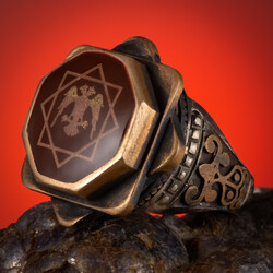 Özel Sekizgen Tasarım Selçuklu Kartallı Osmanlı Yüzüğü Gümüş Erkek Kırmızı Mineli - Anı Yüzük