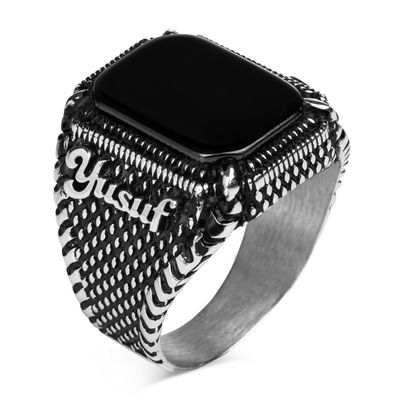 Personalised Black Onyx Stone Silver Mens Ring - 1