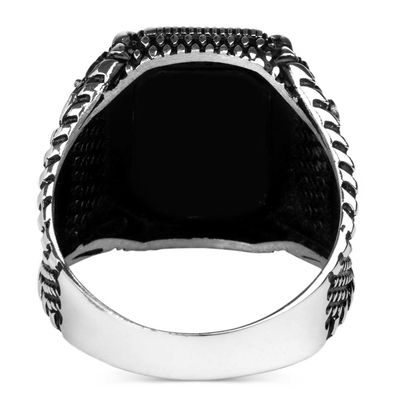 Personalised Black Onyx Stone Silver Mens Ring - 4