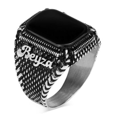 Personalised Black Onyx Stone Silver Mens Ring - 2
