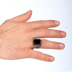 Personalised Black Onyx Stone Silver Mens Ring - 5