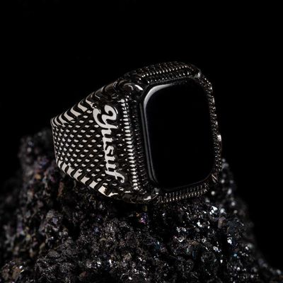 Personalised Black Onyx Stone Silver Mens Ring - 8