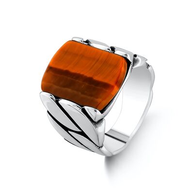 Piece Detailed Brown Tiger Eye Stone Sterling Silver Men's Ring - 1