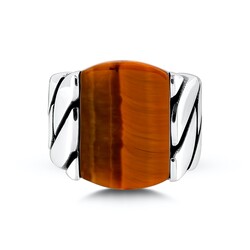 Piece Detailed Brown Tiger Eye Stone Sterling Silver Men's Ring - 2