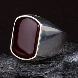 Plain Dark Burgundy Agate Stone Men's 925 Sterling Silver Ring - 5