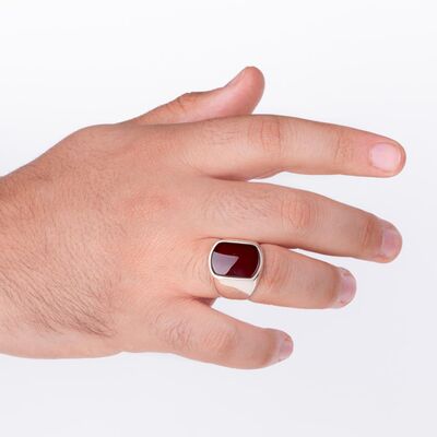 Plain Dark Burgundy Agate Stone Men's 925 Sterling Silver Ring - 4